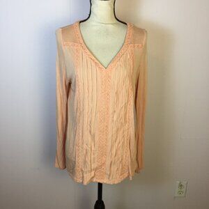 LC Lauren Conrad Blouse Tunic Top Sz M Womans Peach Lace Trim V-neck Long Sleeve